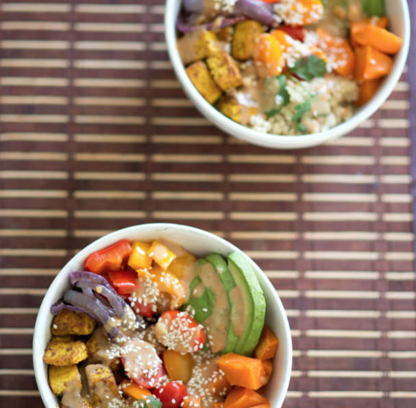 small vegan bowls at dinner table