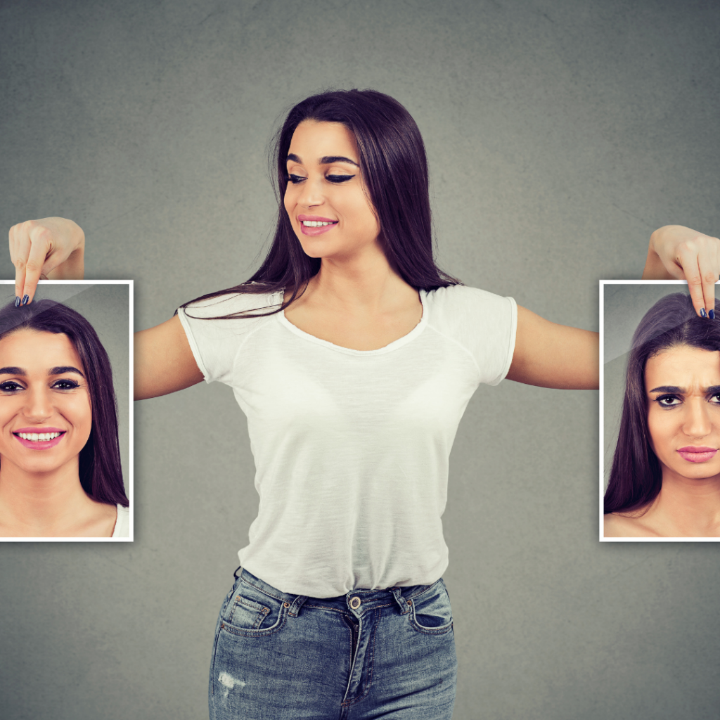 Woman holding two different pictures. One of her happy and one of her mad