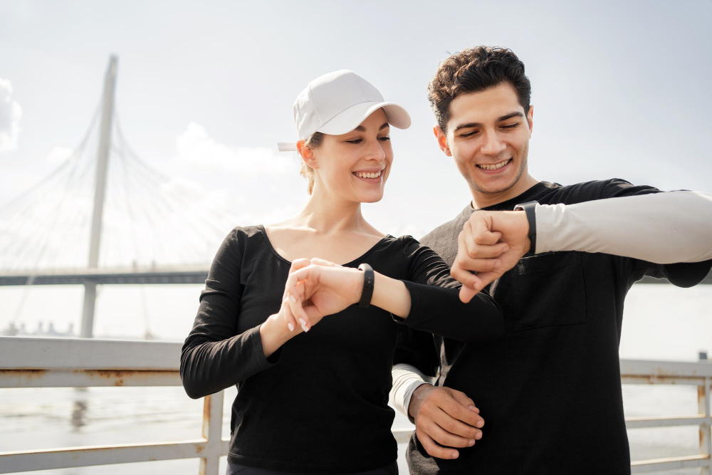 Fitness bracelet on the arm for pulse and calories a woman and a man training fitness running