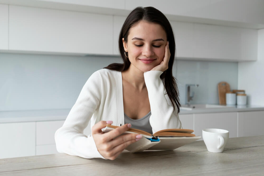 Medium shot smiley woman reading at home