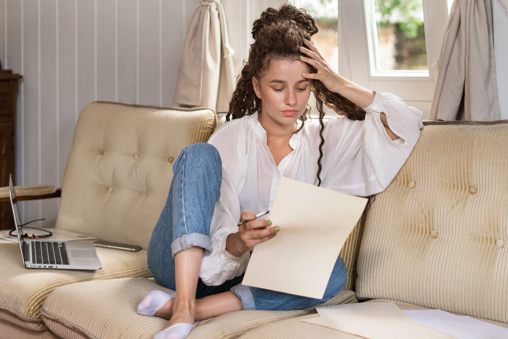 Full shot woman sitting on couch researching health symptoms