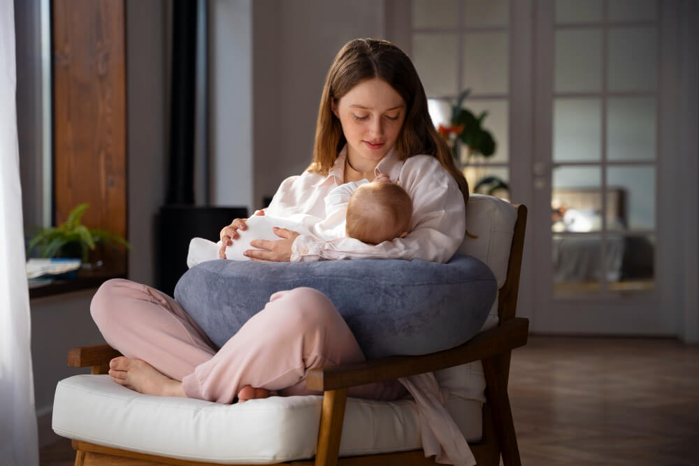 Woman using nursing pillow at home for newborn baby
