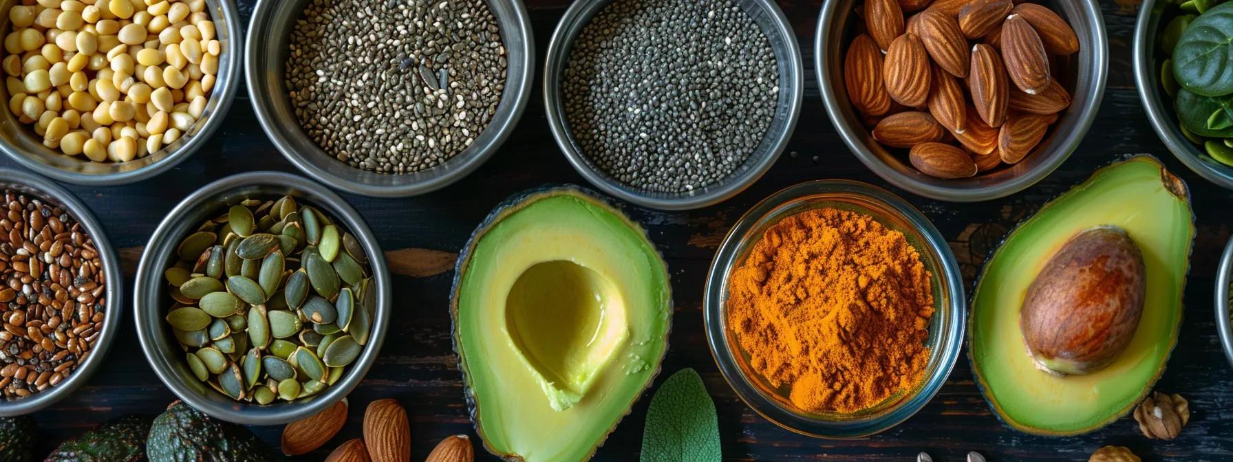 a vibrant, modern kitchen showcases a neatly arranged array of colorful, vitamin e-rich foods like avocados, nuts, and seeds on a sleek countertop, illuminated by warm, ambient lighting, conveying a message of health and wellness.