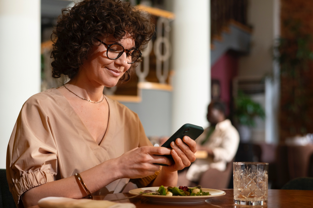 woman at lunch ordering her lab tests from her phone