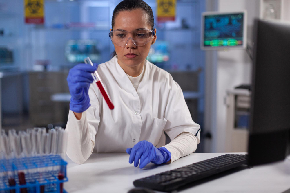 Lab technician in gloves handling a blood sample for clinical testing
