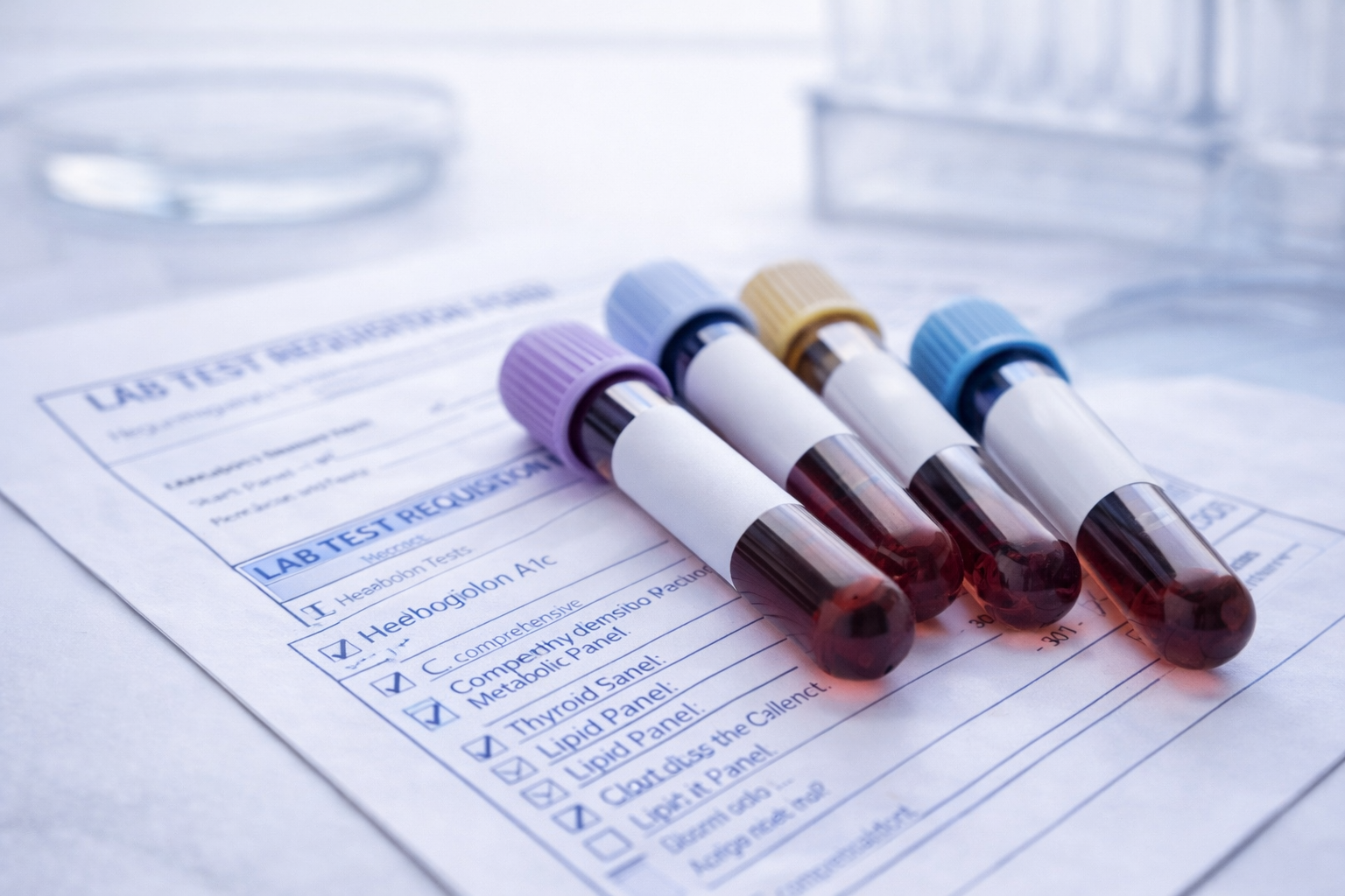 blood test tubes on lab requisition form before starting Ozempic or GLP-1 therapy