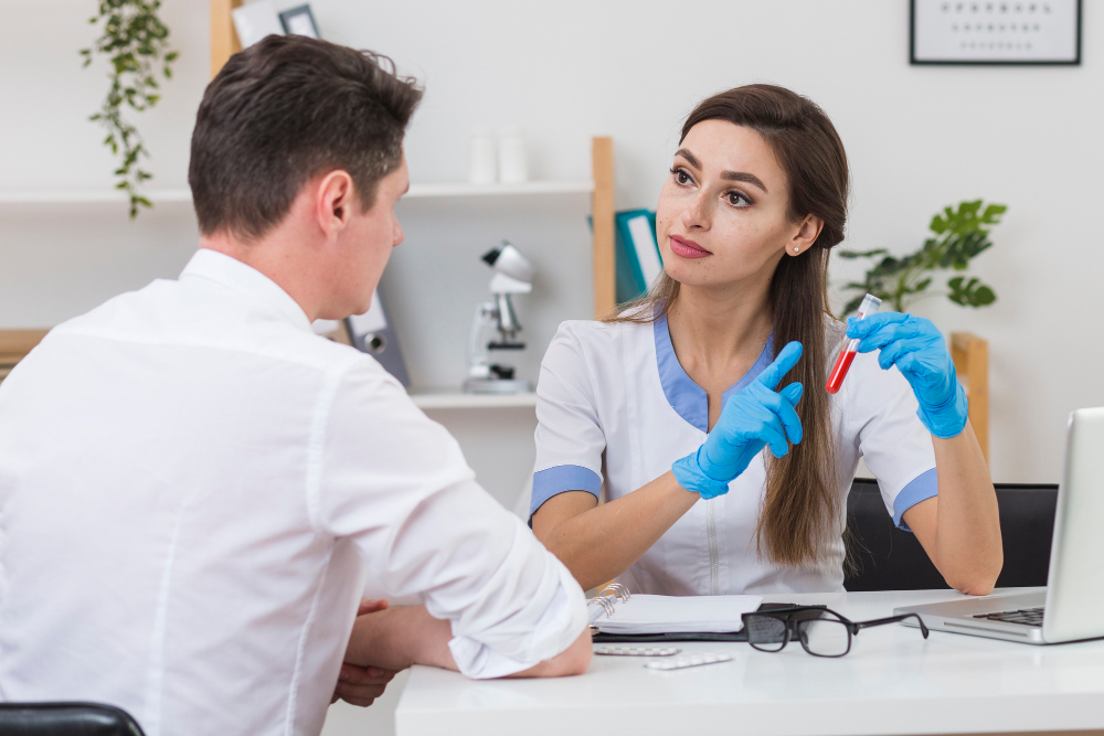 doctor reviewing annual blood test results with patient