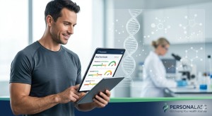 A man checking optimized TRT lab results and charts on a digital tablet, illustrating data interpretation.