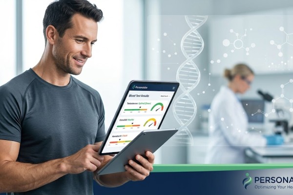 A man checking optimized TRT lab results and charts on a digital tablet, illustrating data interpretation.