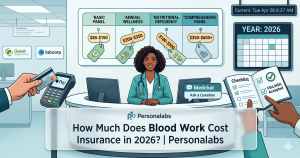 Infographic showing estimated 2026 blood work costs without insurance, including basic, wellness, and comprehensive panels with Labcorp. | Personalabs