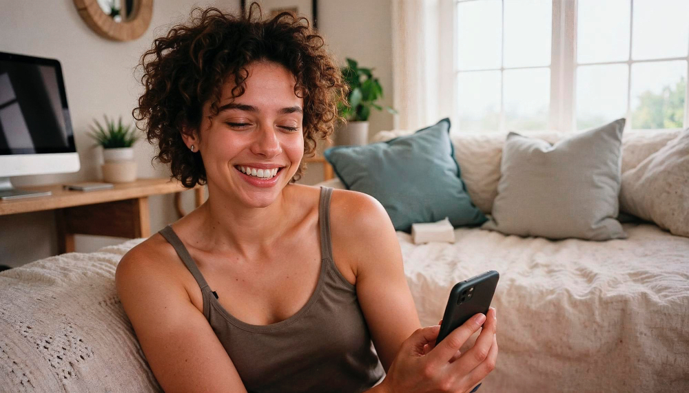 Woman looking at her smartphone and smiling with relief as she reviews her private medical lab results online.