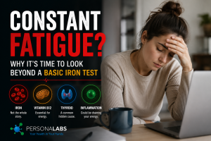 Woman suffering from persistent fatigue and low energy, highlighting the importance of testing iron, vitamin B12, thyroid function, and inflammation to identify hidden causes of chronic exhaustion.