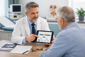 Physician discussing PSA screening results and prostate cancer risk with an older male patient.